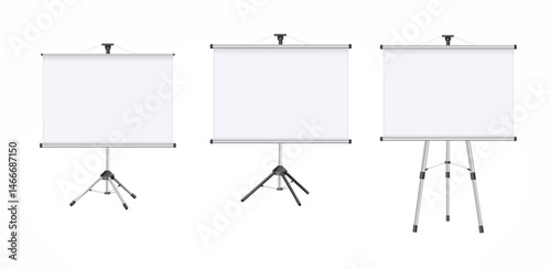 Empty Projection screen, Presentation board in realistic style. Horizontal roll up banner. Blank whiteboard for conference. Vector EPS 10.