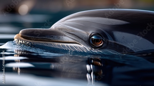 Close-up of dolphin eye and head above water, soft reflections and detail captured with 300mm lens