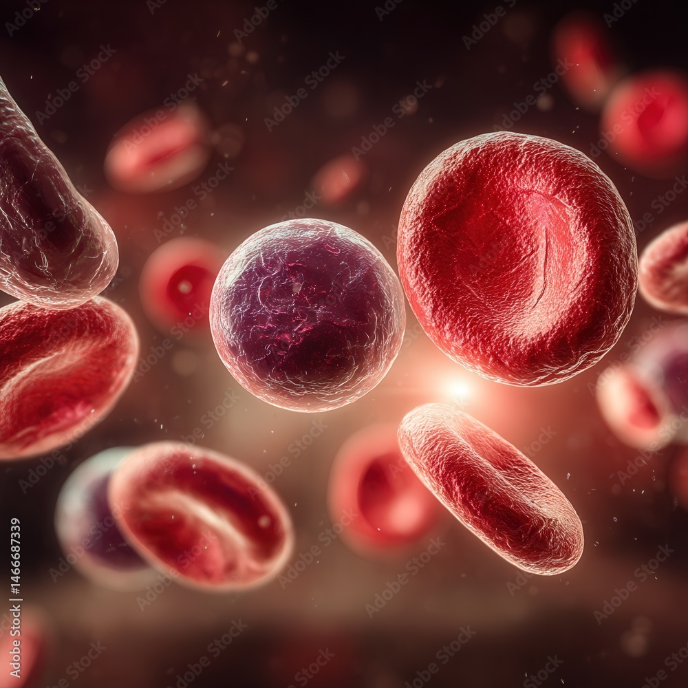 Naklejka premium Hyper macro image of diverse blood cells floating in plasma, showcasing detailed textures and glowing tones in a medically inspired artistic style.