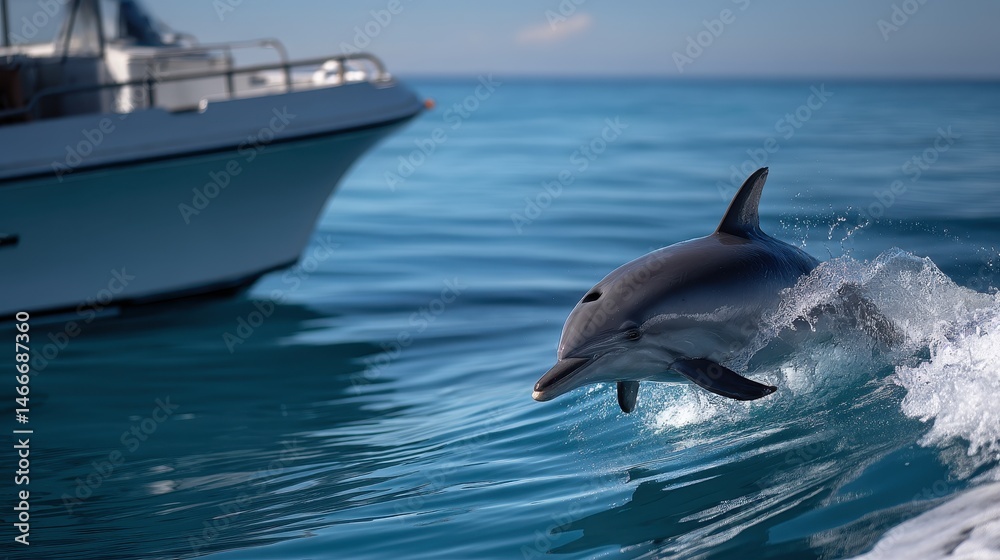 Fototapeta premium Dolphin breaching next to a boat, joyful motion captured from shore with 300mm lens and clear water detail