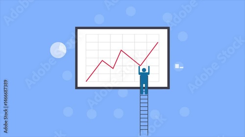 Business graph with arrow soaring upward, person climbing the ladder of growth and reach new milestone.