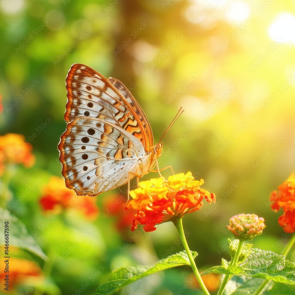 Obraz premium Vibrant Butterfly Resting on Colorful Flower in Sunlight, Natural Garden Scene with Bokeh Effect and Lush Green Background