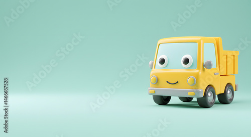Bright Yellow 3D Toy Truck with a Cheery Smiling Face, Large Cartoon Eyes, and Simple Cargo Bed Set on a Vibrant Light Green Background for Playful Children's Animation
