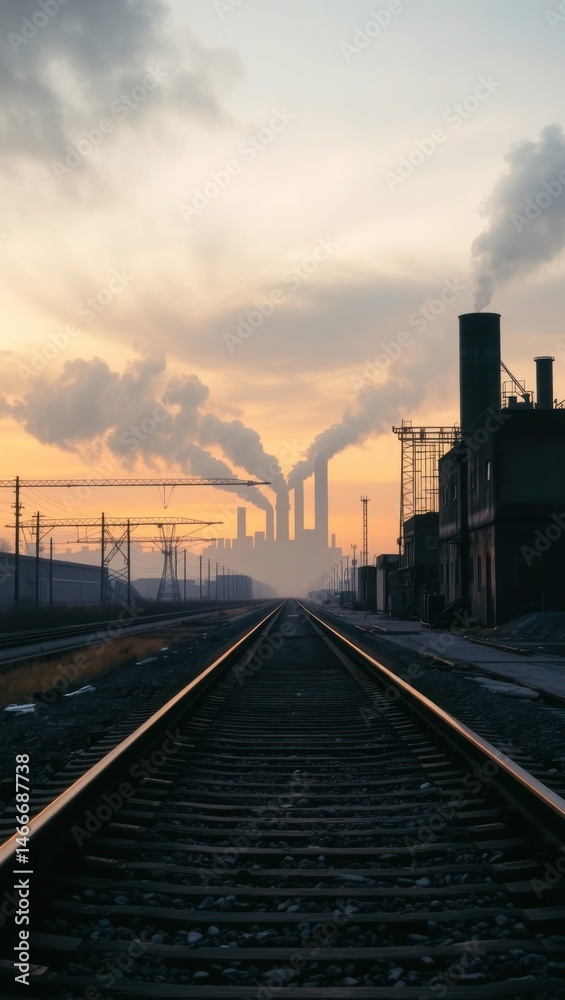 Fototapeta premium Railroad tracks lead to distant factories spewing smoke