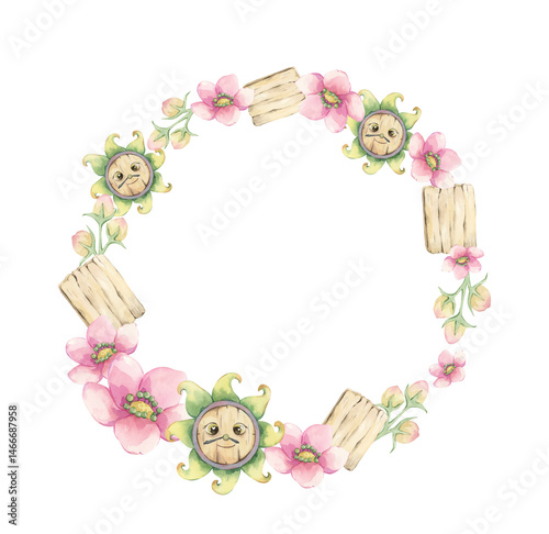 Fototapeta Naklejka Na Ścianę i Meble -  Round wreath of pink flowers and wooden objects with watercolors