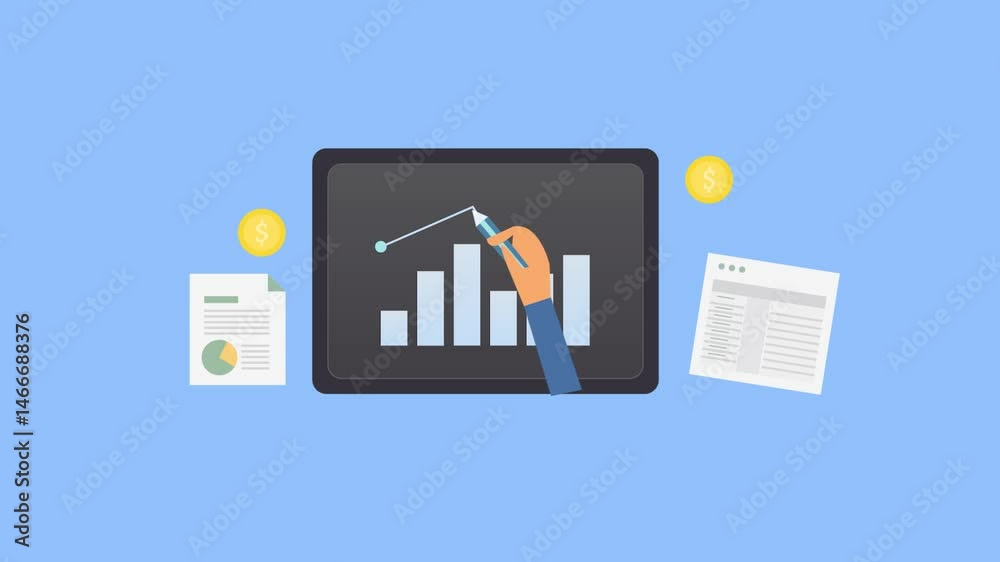 Tablet pc with business graph, investment panning, research document for financial project development.