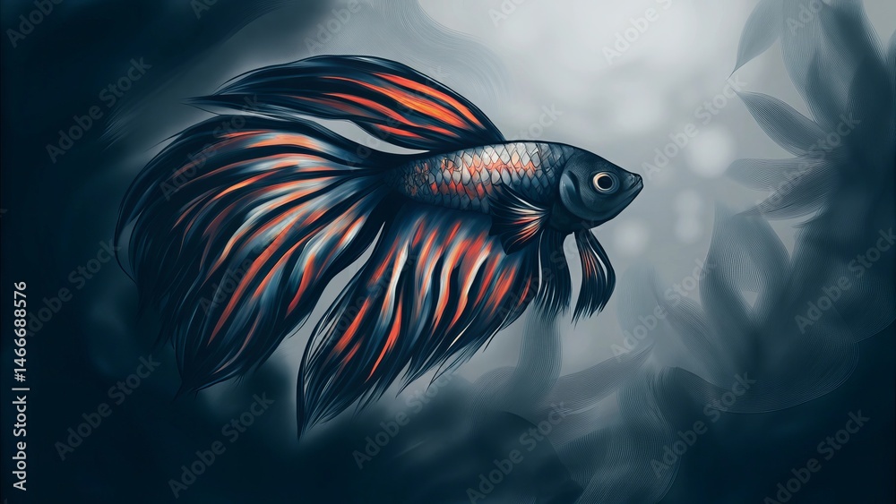Fototapeta premium A digital painting of a betta fish with flowing fins in a dark and moody setting