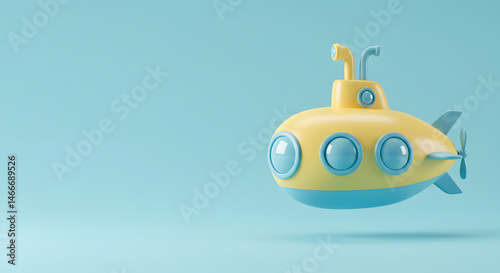 3D Cartoon Yellow and Blue Submarine with Three Circular Windows and a Periscope on a Soft Light Blue Background