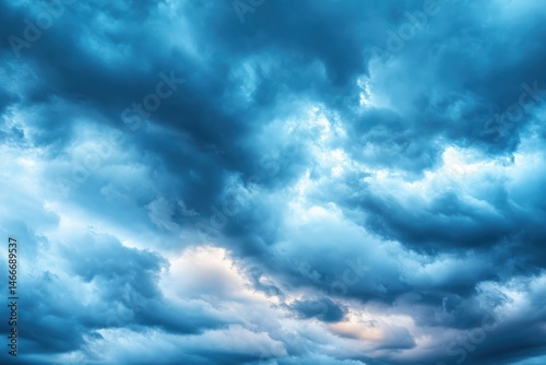 Dramatic blue clouds gathering before a storm over a serene landscape at dusk