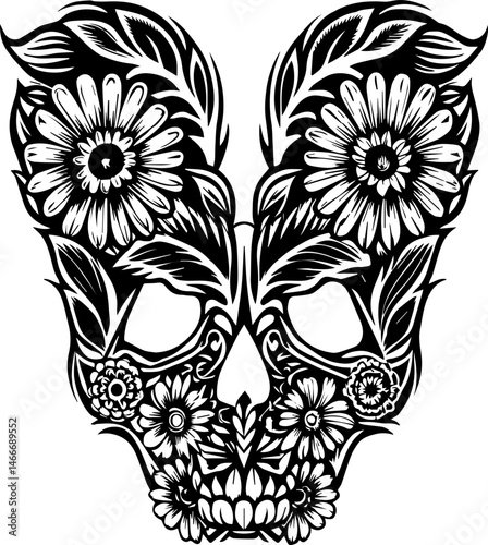 SVG vector of skull with floral design, perfect for tattoo. Intricate Floral Skull Design with Detailed Leaf Patterns