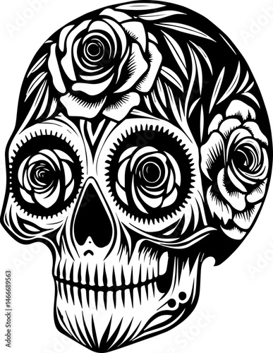 SVG vector of skull with floral design, perfect for tattoo. Intricate Black and White Sugar Skull Design with Floral Accents