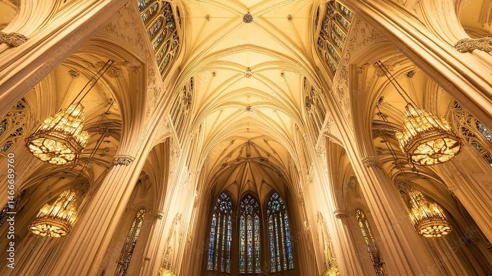 Fototapeta premium Gothic cathedral interior with soaring pointed arches and detailed ribbed ceilings, warm light enhancing carved details, centered upward perspective. 
