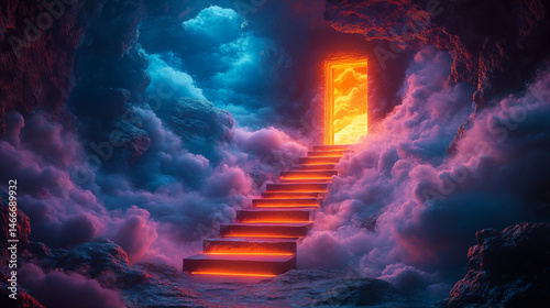 Glowing staircase ascending through mystical clouds to golden doorway, illuminated steps leading to portal. Concept of opportunity, journey, afterlife and spiritual transcendence