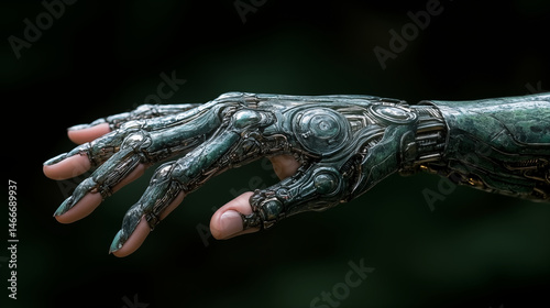 Robotic hand with human skin touching surface, cybernetic prosthetic with detailed mechanical components against dark background. Concept of technology integration and human augmentation