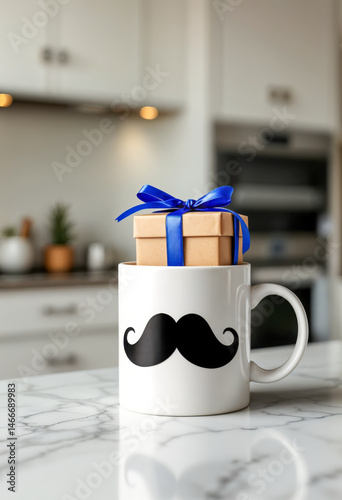 Minimal Father’s Day concept with white ceramic mug featuring black mustache and small gift box with blue ribbon