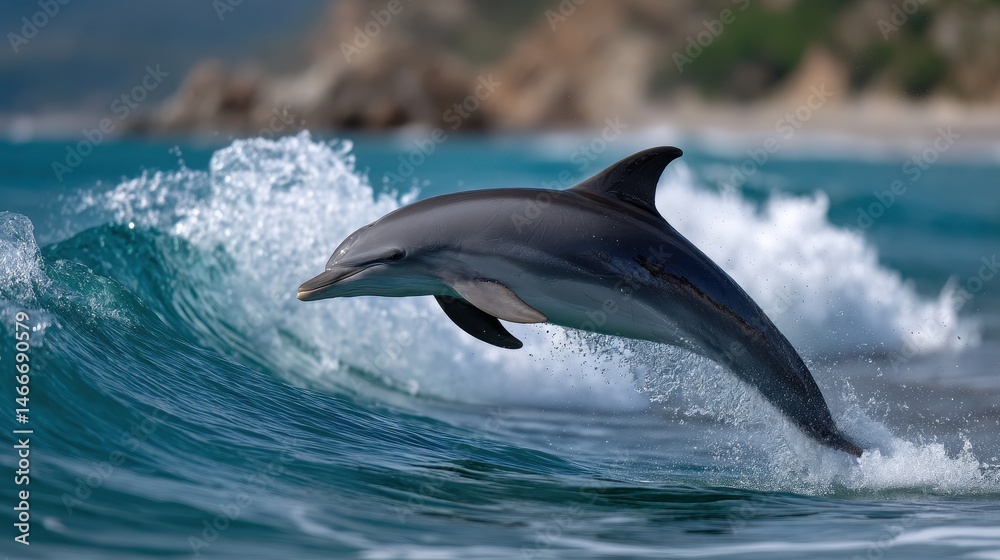 Fototapeta premium Wild dolphin jumping high in front of crashing wave, background softened with telephoto compression