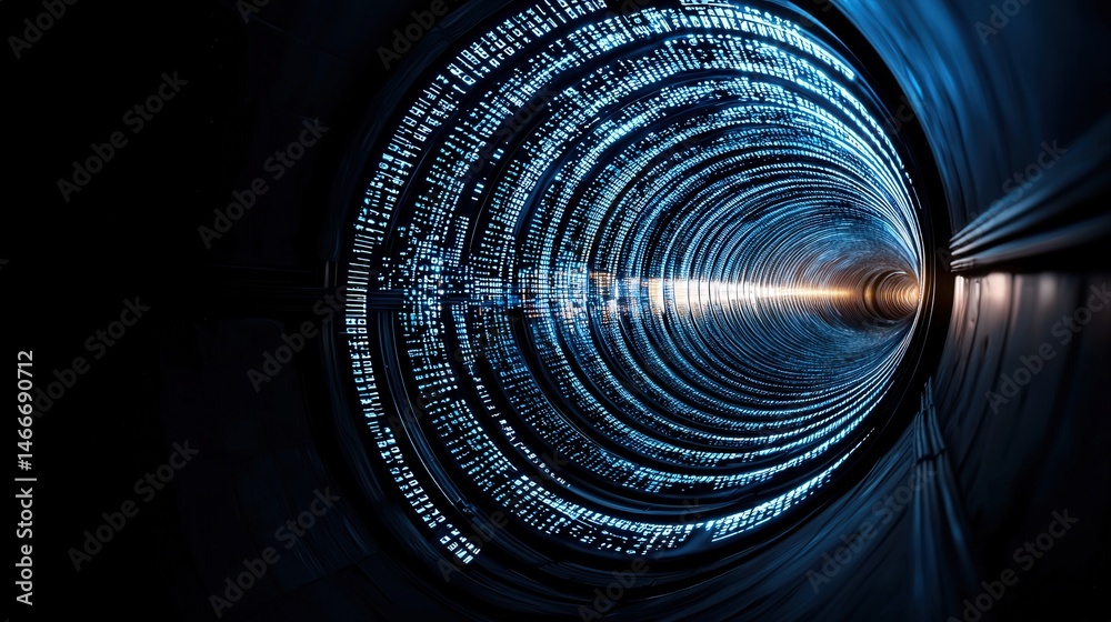 Fototapeta premium Futuristic tunnel visualization with streams of binary code creating a sense of digital depth and mystery