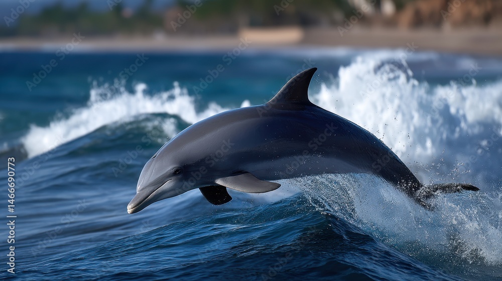 Fototapeta premium Wild dolphin jumping high in front of crashing wave, background softened with telephoto compression