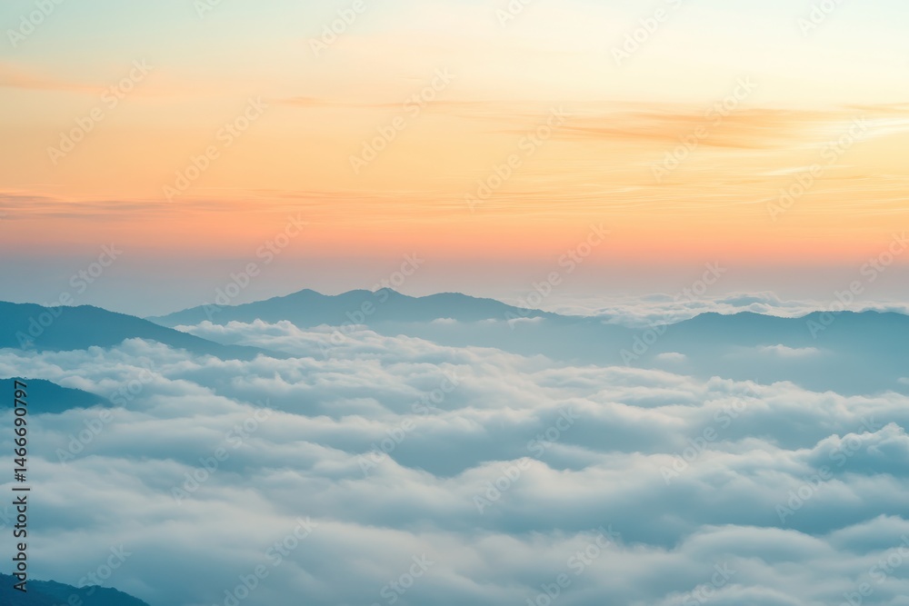 A breathtaking view of mountains emerging from a sea of clouds at sunrise A breathtaking view of mountains emerging from a sea of clouds at sunrise