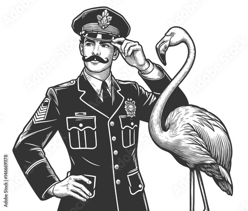 Police officer saluting next to a flamingo, both striking proud and elegant poses in unison sketch engraving generative ai fictional character vector illustration. Scratch board. Black and white image