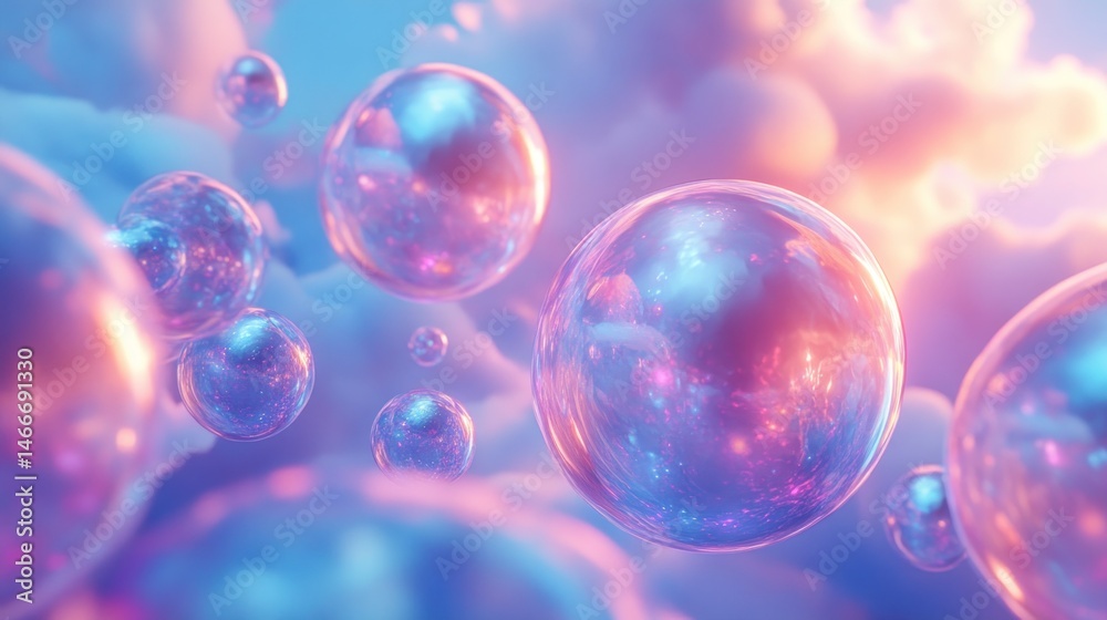 Floating, iridescent bubbles in a soft, pastel cloud Floating, iridescent bubbles in a soft, pastel cloud