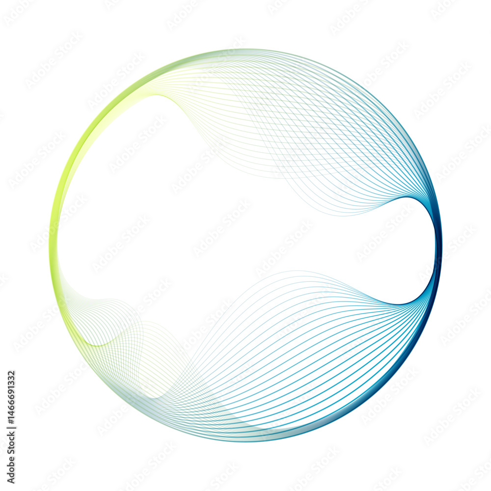 Abstract vector round shape of wavy lines flowing smooth curve colorful gradient green blue line on transparent background in concept of technology, science, music, modern.