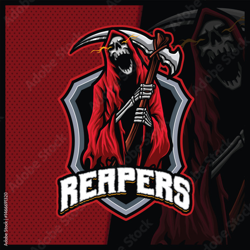 Grim Reaper with scythe in red Hood mascot esport logo design illustrations vector template, Devil Shooter logo for team game streamer youtuber banner twitch discord