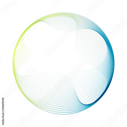Abstract vector round shape of wavy lines flowing smooth curve colorful gradient green blue line on transparent background in concept of technology, science, music, modern.