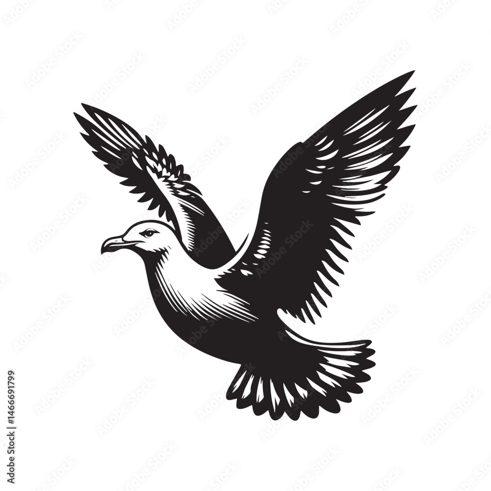 Fototapeta premium Herring Gull Vector Silhouette, Majestic Seabird Design, Coastal Bird Illustration, Detailed Avian Outline, Ocean Wildlife Art, Marine Bird Symbol. 