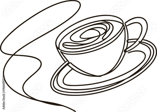 Artistic line drawing of coffee cup and saucer in minimalist continuous line art