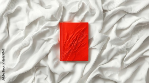A red book on a white sheet.