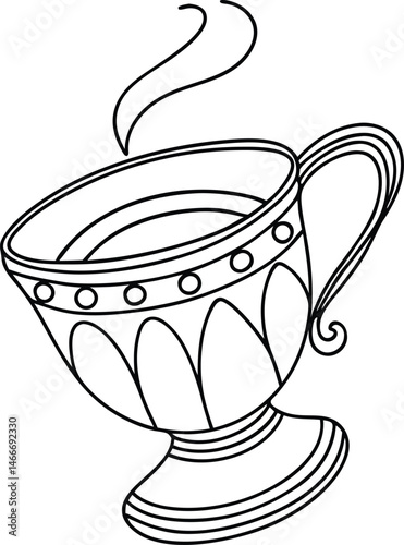 Elegant black and white teacup illustration depicting warm steam rising from the hot beverage