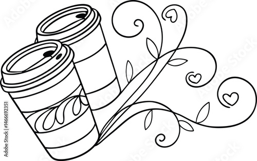 Two coffee cups with decorative swirls and hearts in a black and white outline