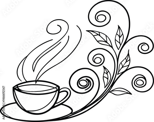 Elegant black and white teacup with decorative foliage and rising steam for design projects