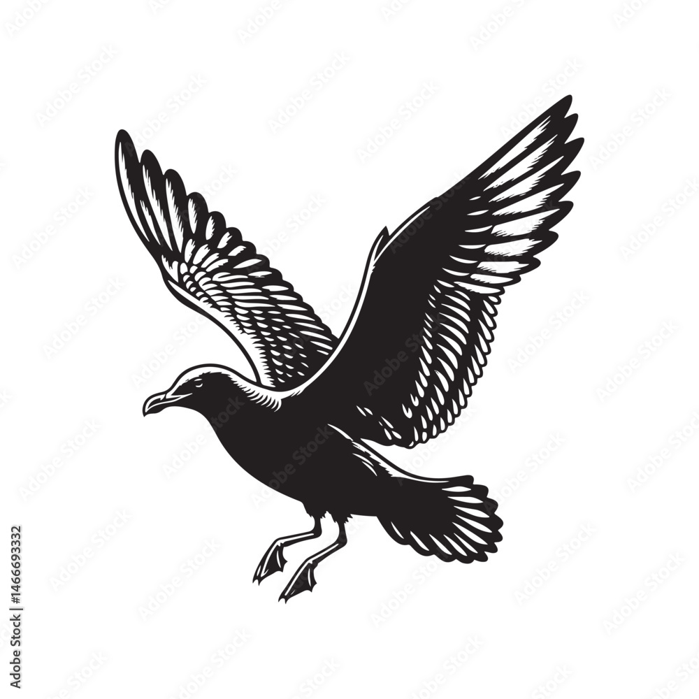 Obraz premium Herring Gull Vector Silhouette, Majestic Seabird Design, Coastal Bird Illustration, Detailed Avian Outline, Ocean Wildlife Art, Marine Bird Symbol. 