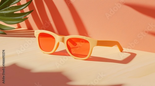 A pair of orange sunglasses with a wooden frame sits on a light brown wooden surface.
