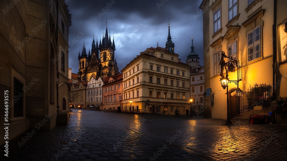 Fototapeta premium Gothic city under thunderous skies, towering cathedrals and dim alleys with flickering lantern light reflecting on wet cobblestones, dramatic panoramic view. 