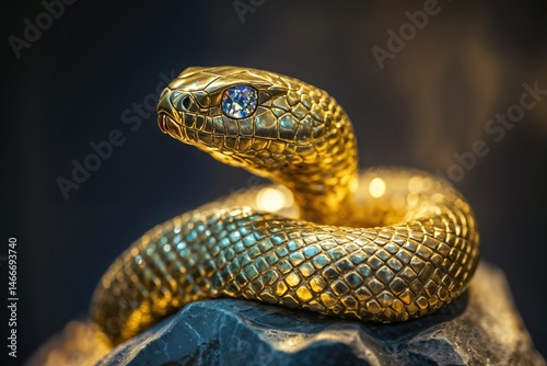 Golden snake sculpture with gemstone eyes on dark stone
