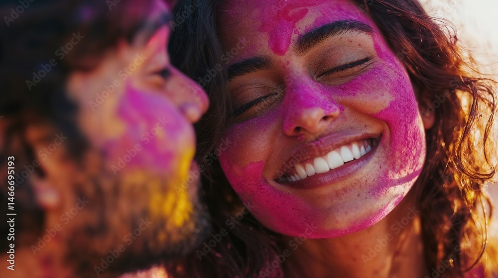 Smiling couple with Holi colors on faces in natural light Smiling couple with Holi colors on faces in natural light