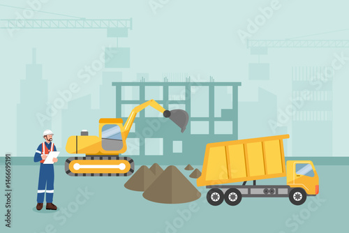 Construction site with engineer, excavator and dump truck working on building project, perfect background for safety training or project presentation slides. Flat vector illustration.