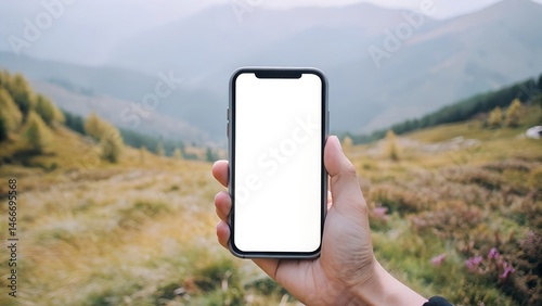 Travel and technology concept, mockup. Smartphone with a blank white screen in a man's hand, mountain landscape in the background.