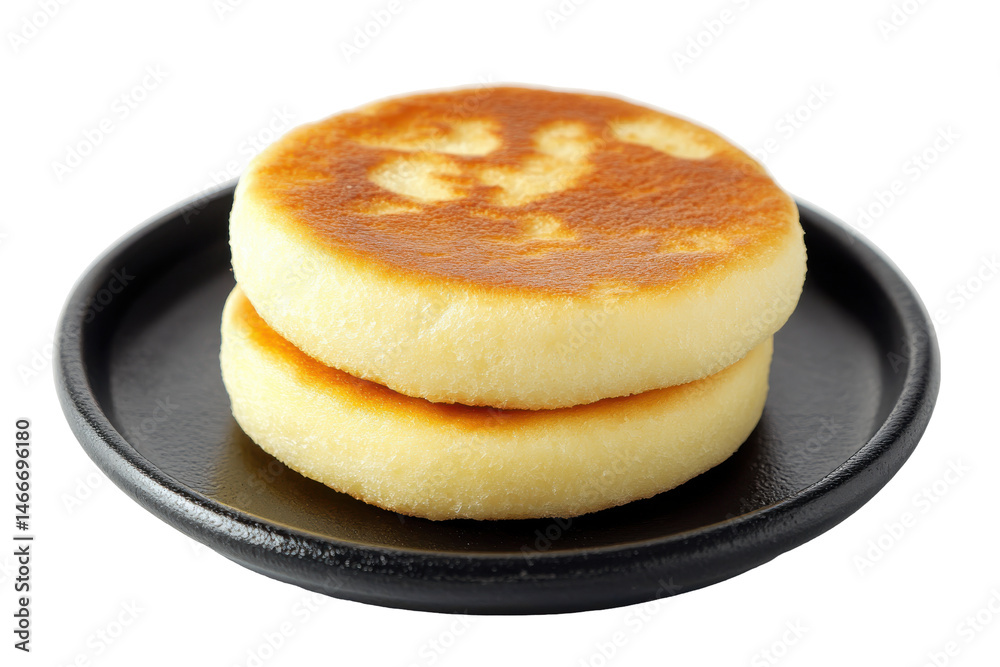 Stacked syrniki on a black plate gleam under light Stacked syrniki on a black plate gleam under light