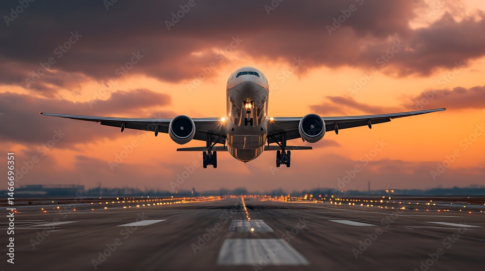 Fototapeta premium A large jetliner taking off from an airport runway at sunset or dawn with the landing gear down and the landing gear down, as the plane is about to take off
