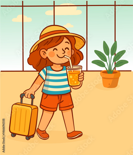 Happy girl with luggage preparing to board a plane, relax walking through the airport, drinking lemonade