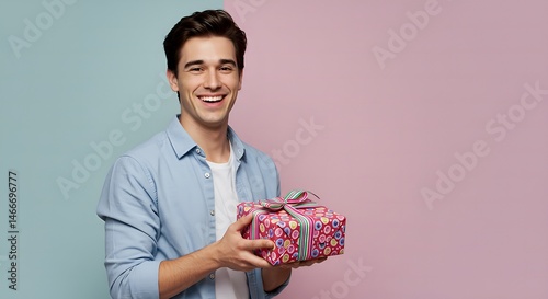 Happy young man holding a pink gift box with a ribbon