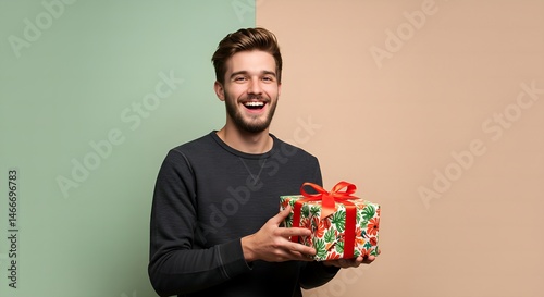 Joyful young man holding a gift box with a cheerful pattern