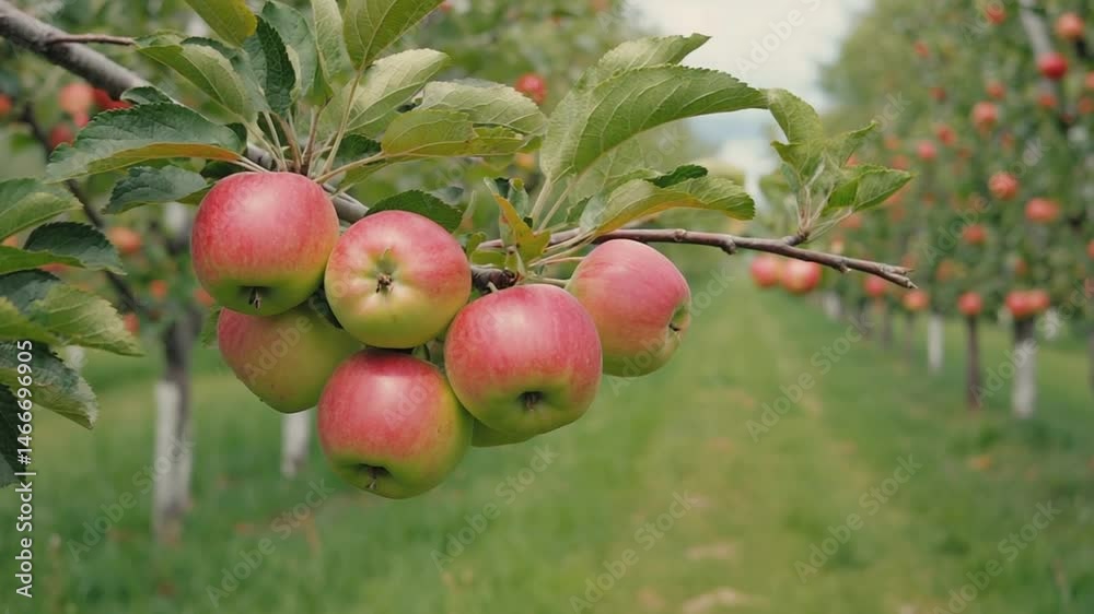 Red Apples Hanging on Tree Branch in Orchard Close-Up Red Apples Hanging on Tree Branch in Orchard Close-Up