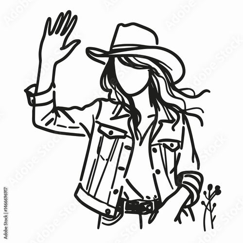 Cowgirl Waving goodbye. Western cowgirl Outline Clipart line art doodle vector illustration. Ranch maiden farewell gesture gesturing solo figure at sundown.