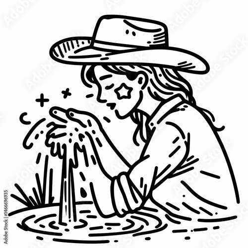 Cowgirl Washing face in river. Western cowgirl Outline Clipart line art doodle vector illustration. Ranch woman cleansing visage rural scene stream reflection frontier lifestyle.