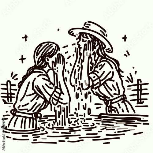 Cowgirl Washing face in river. Western cowgirl Outline Clipart line art doodle vector illustration. Ranch woman ablution waterway rustic lifestyle visage rinse.